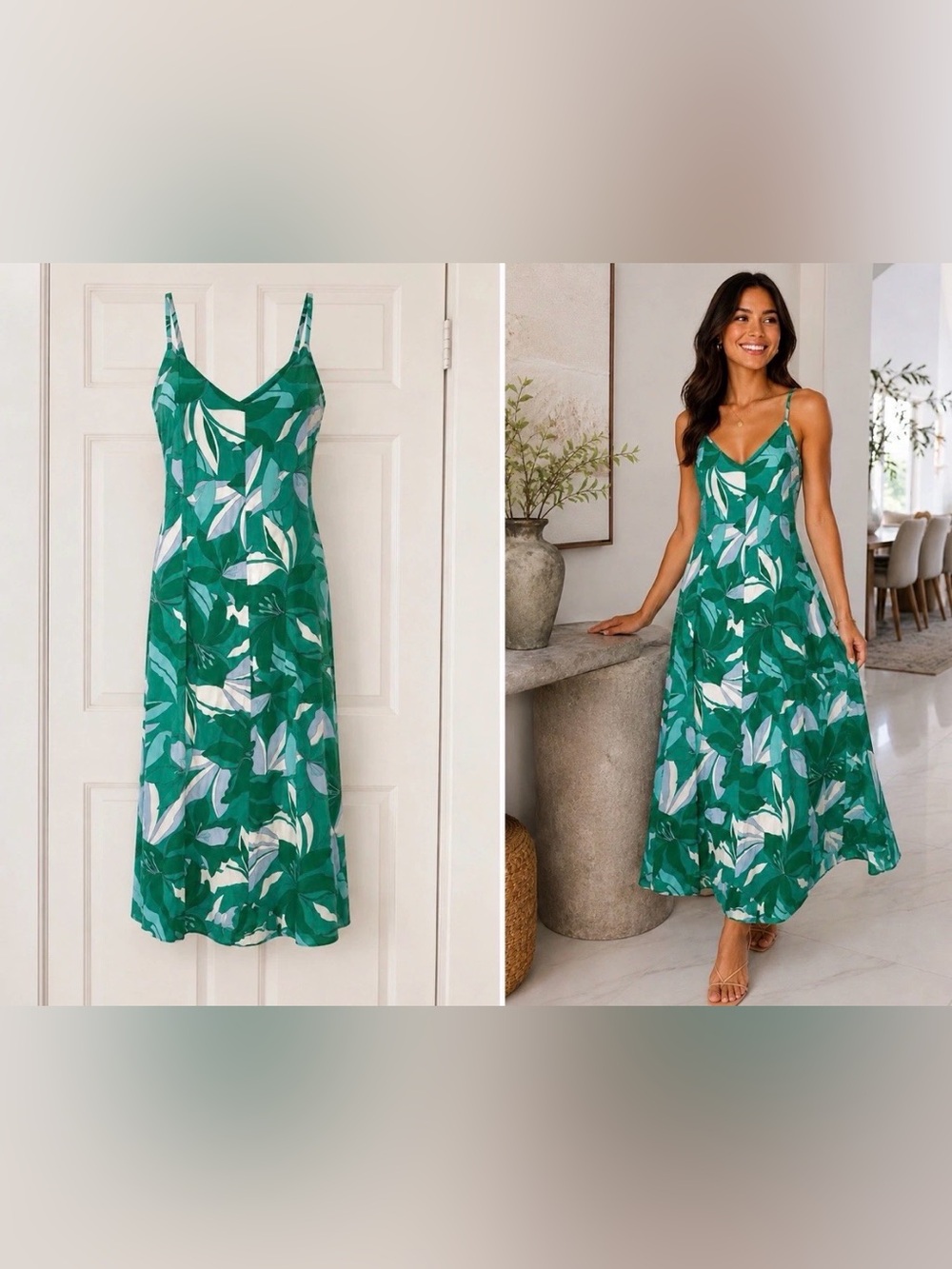 Tropical Leaf Print Slip Dress Green Label Of Love MIDI Maxi Resort Vacation M